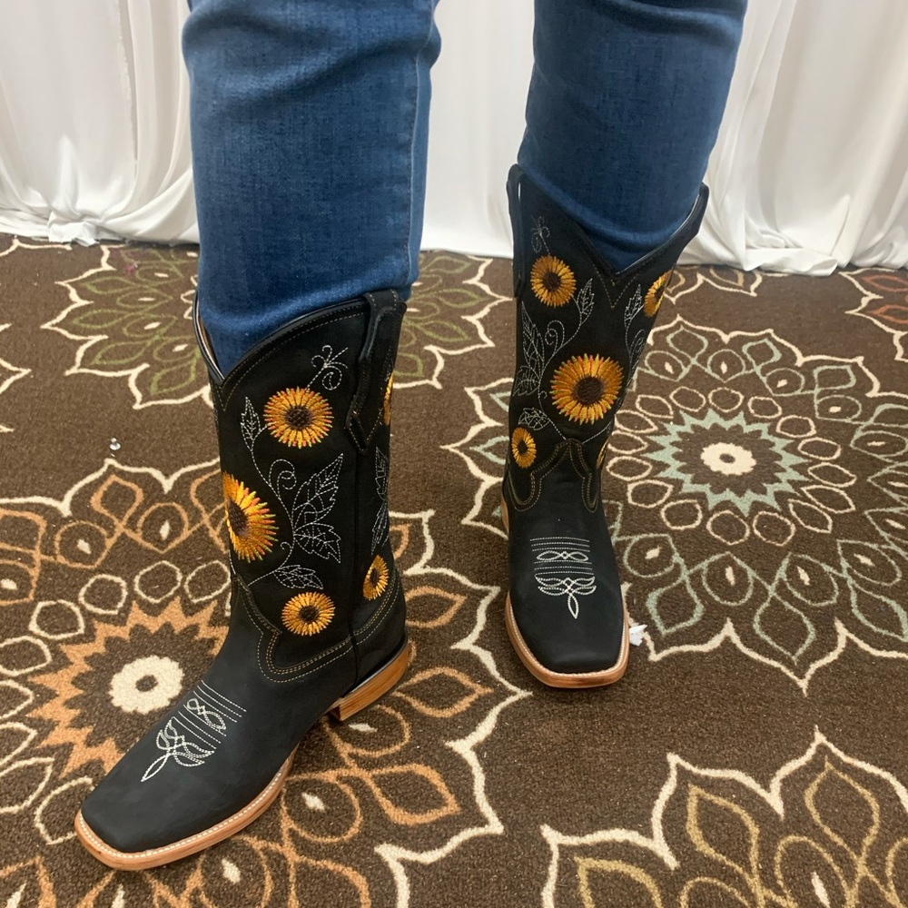 WOMEN'S WESTERN  RODEO COWGIRL/COWBOY BOOTS LEATHER SUNFLOWER BLACK BOTA 808
